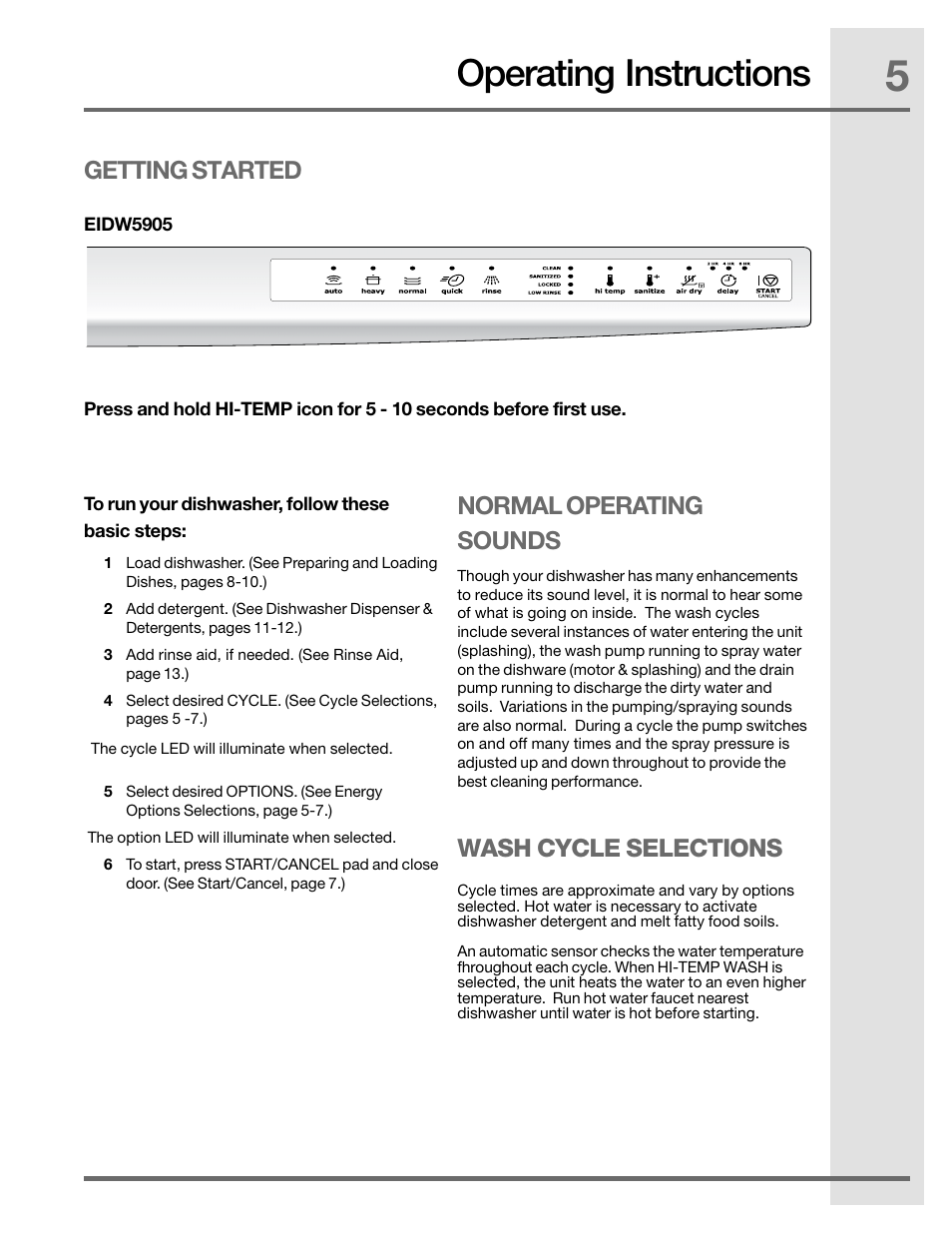 Operating instructions, Getting started normal operating sounds, Wash cycle selections | Electrolux EIDW5905JS User Manual | Page 5 / 72