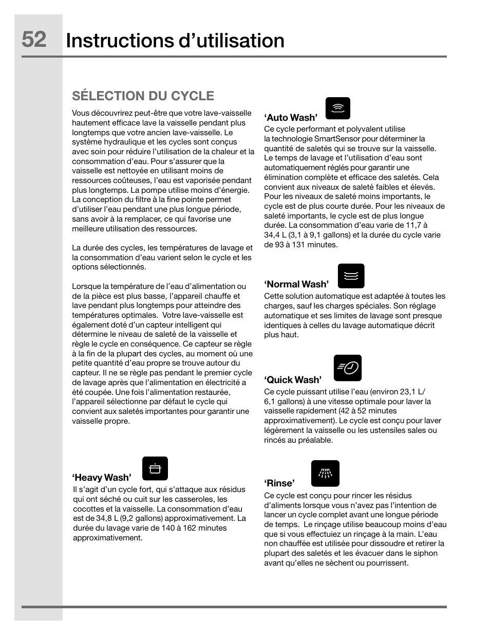 Instructions d’utilisation, Sélection du cycle | Electrolux EIDW5905JS User Manual | Page 52 / 72