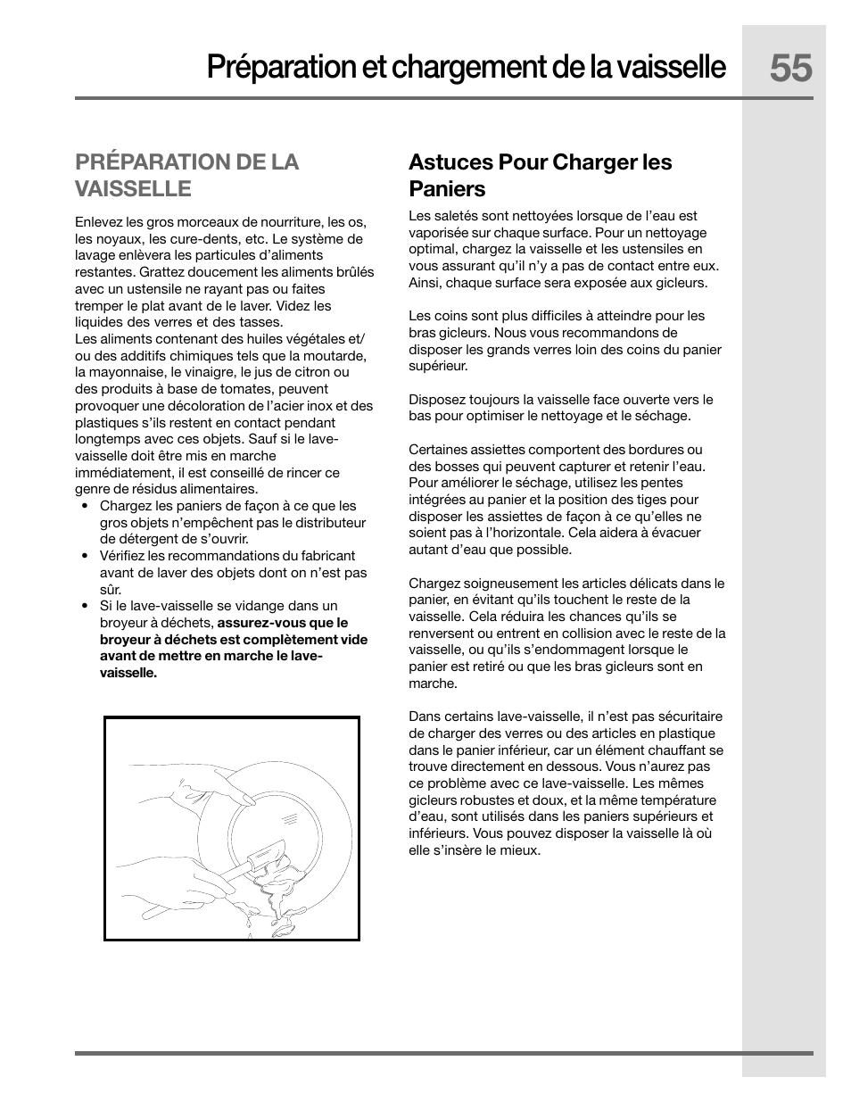 Préparation et chargement de la vaisselle, Préparation de la vaisselle, Astuces pour charger les paniers | Electrolux EIDW5905JS User Manual | Page 55 / 72