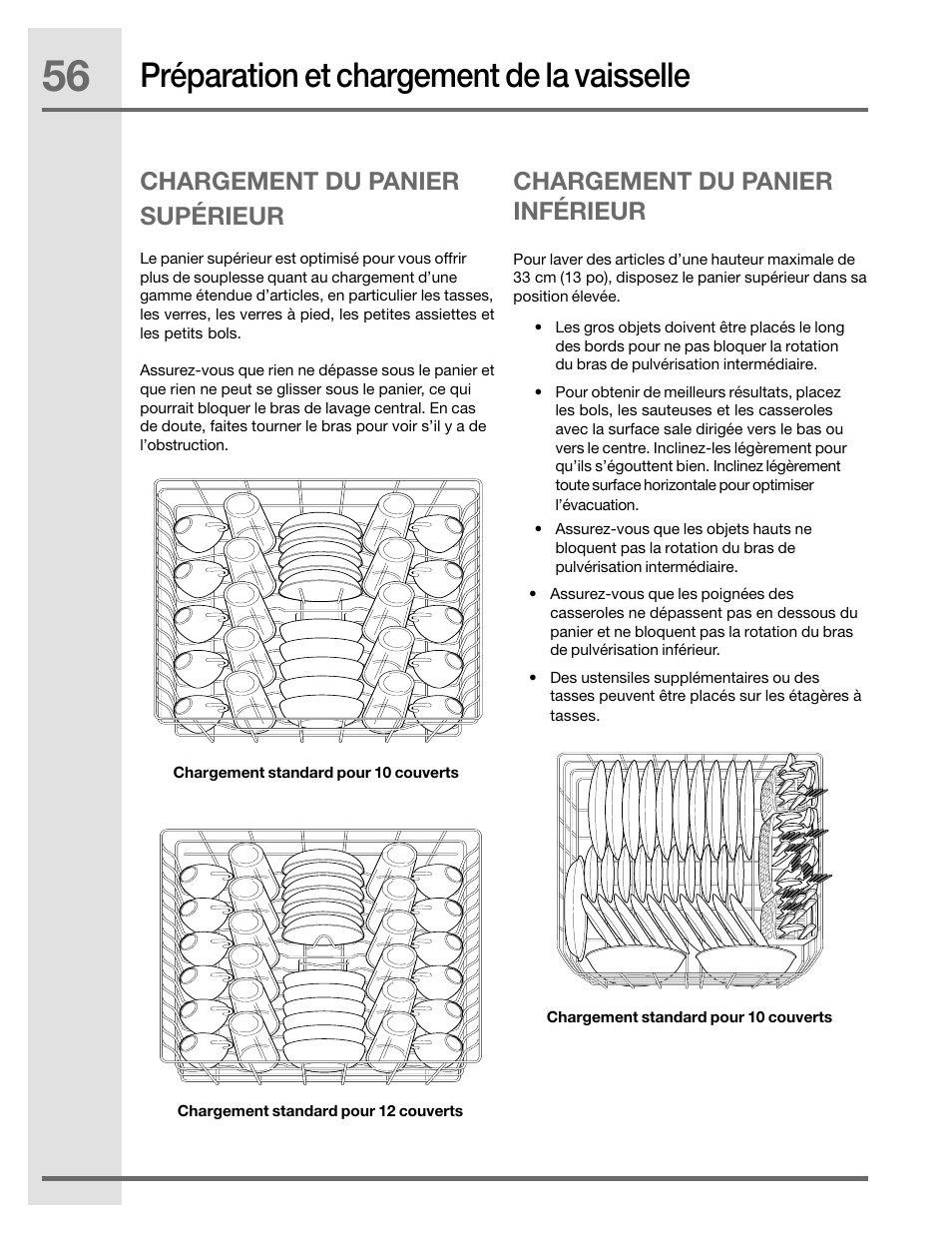 Préparation et chargement de la vaisselle, Chargement du panier supérieur, Chargement du panier inférieur | Electrolux EIDW5905JS User Manual | Page 56 / 72