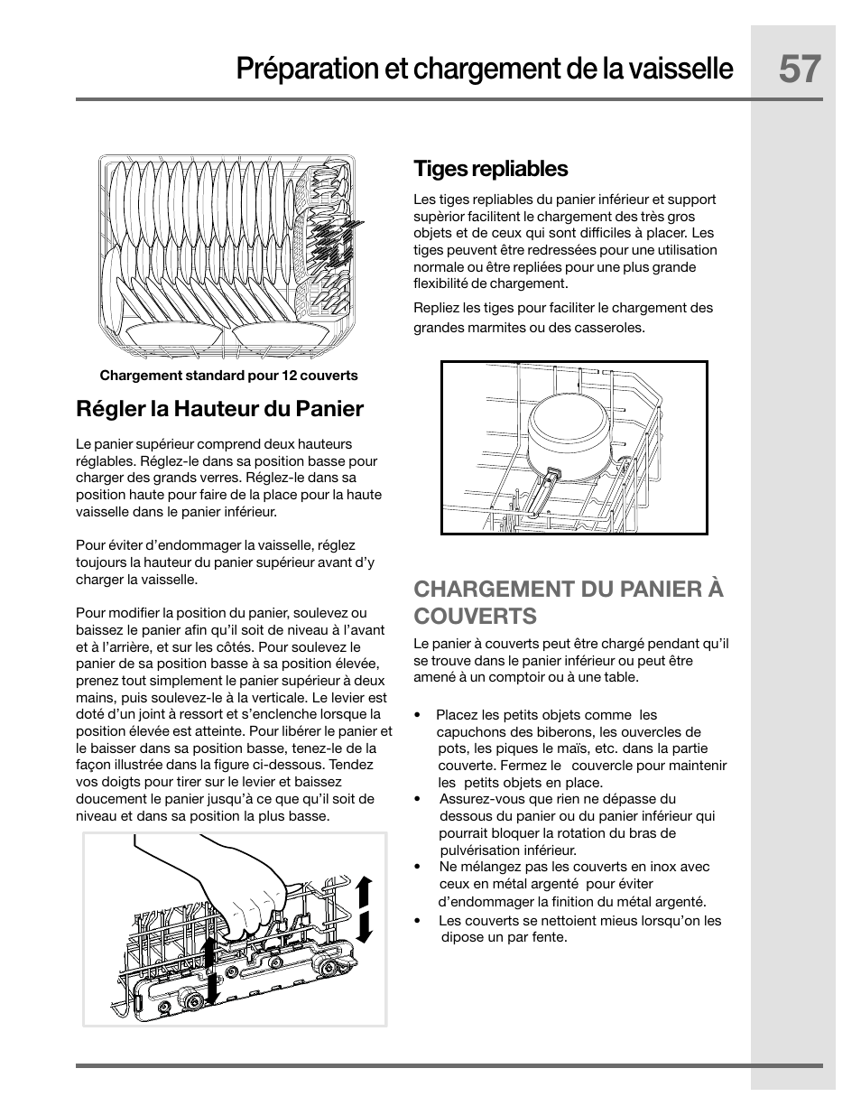 Préparation et chargement de la vaisselle, Chargement du panier à couverts, Régler la hauteur du panier | Tiges repliables | Electrolux EIDW5905JS User Manual | Page 57 / 72