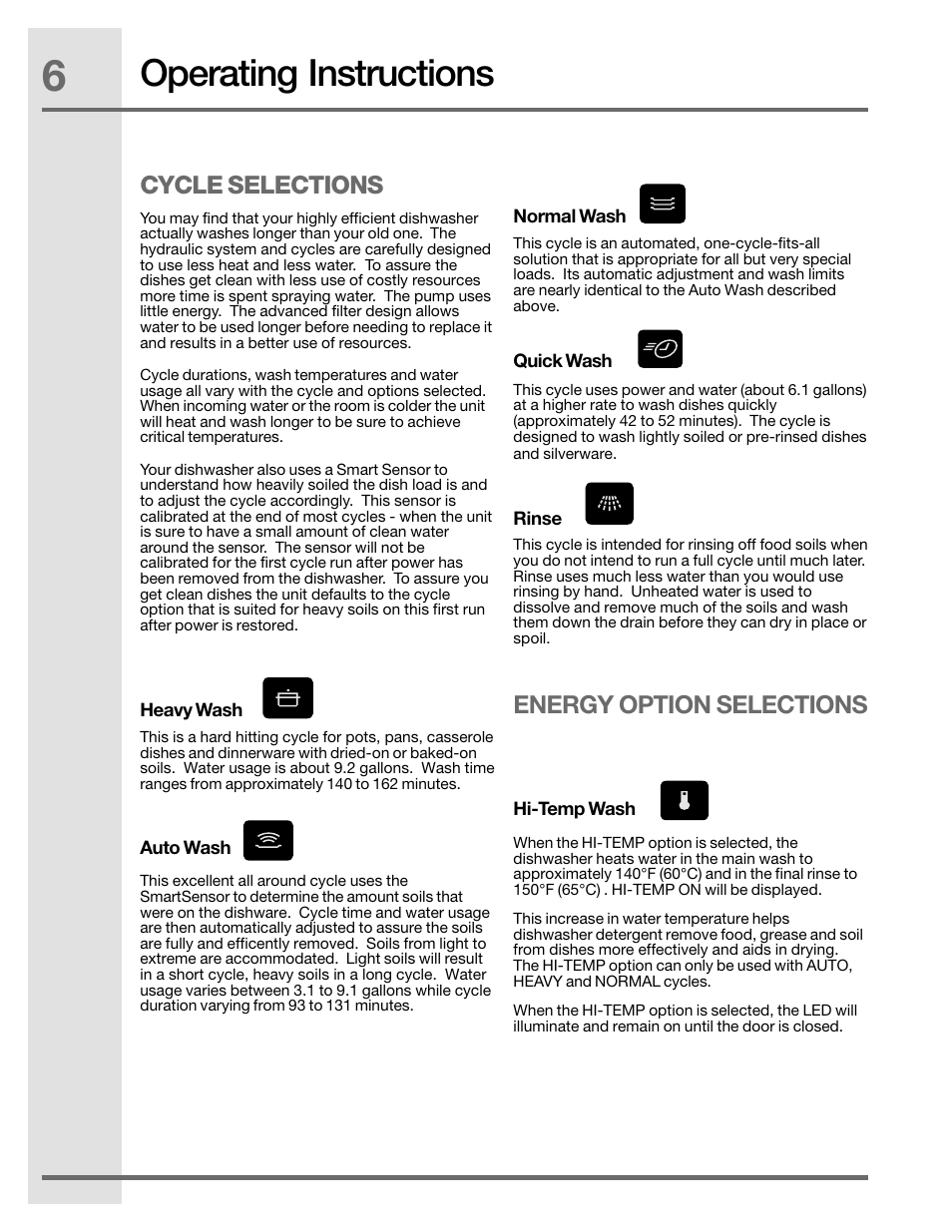 Operating instructions, Energy option selections, Cycle selections | Electrolux EIDW5905JS User Manual | Page 6 / 72