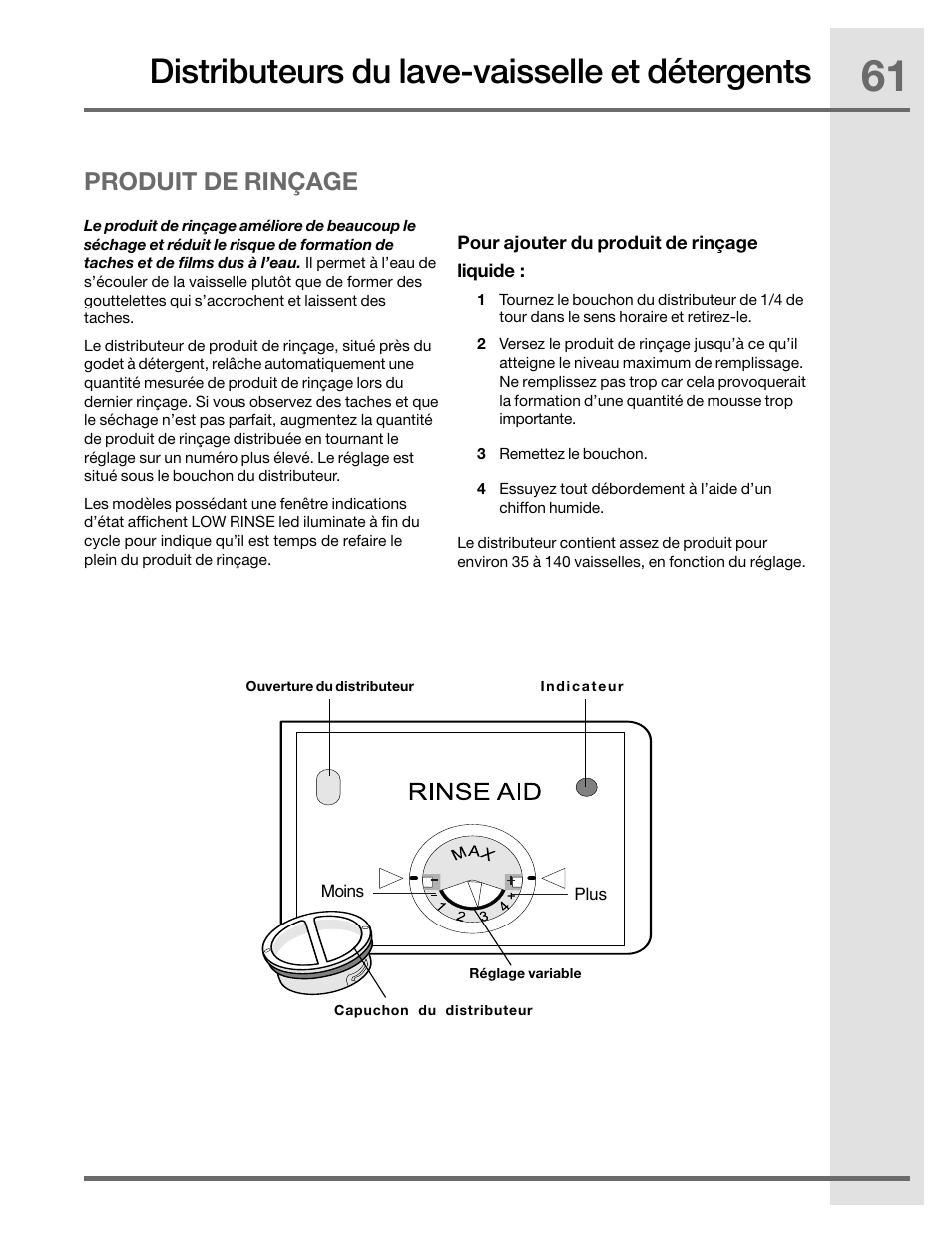 Distributeurs du lave-vaisselle et détergents, Produit de rinçage | Electrolux EIDW5905JS User Manual | Page 61 / 72