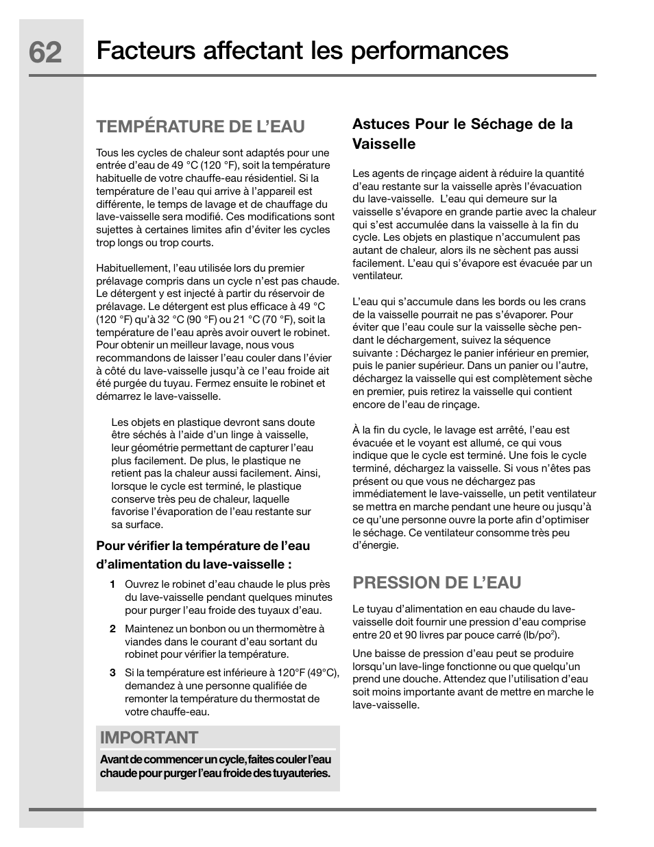 Facteurs affectant les performances, Température de l’eau, Important | Pression de l’eau | Electrolux EIDW5905JS User Manual | Page 62 / 72