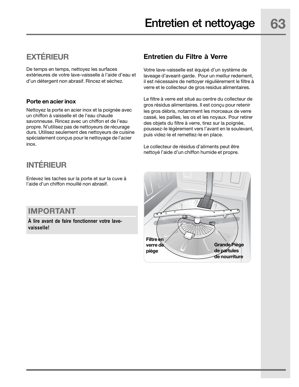 Entretien et nettoyage, Important, Extérieur intérieur | Electrolux EIDW5905JS User Manual | Page 63 / 72