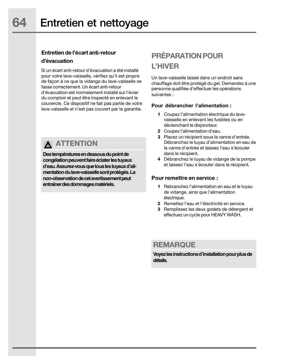 Entretien et nettoyage, Attention, Préparation pour l’hiver | Remarque | Electrolux EIDW5905JS User Manual | Page 64 / 72