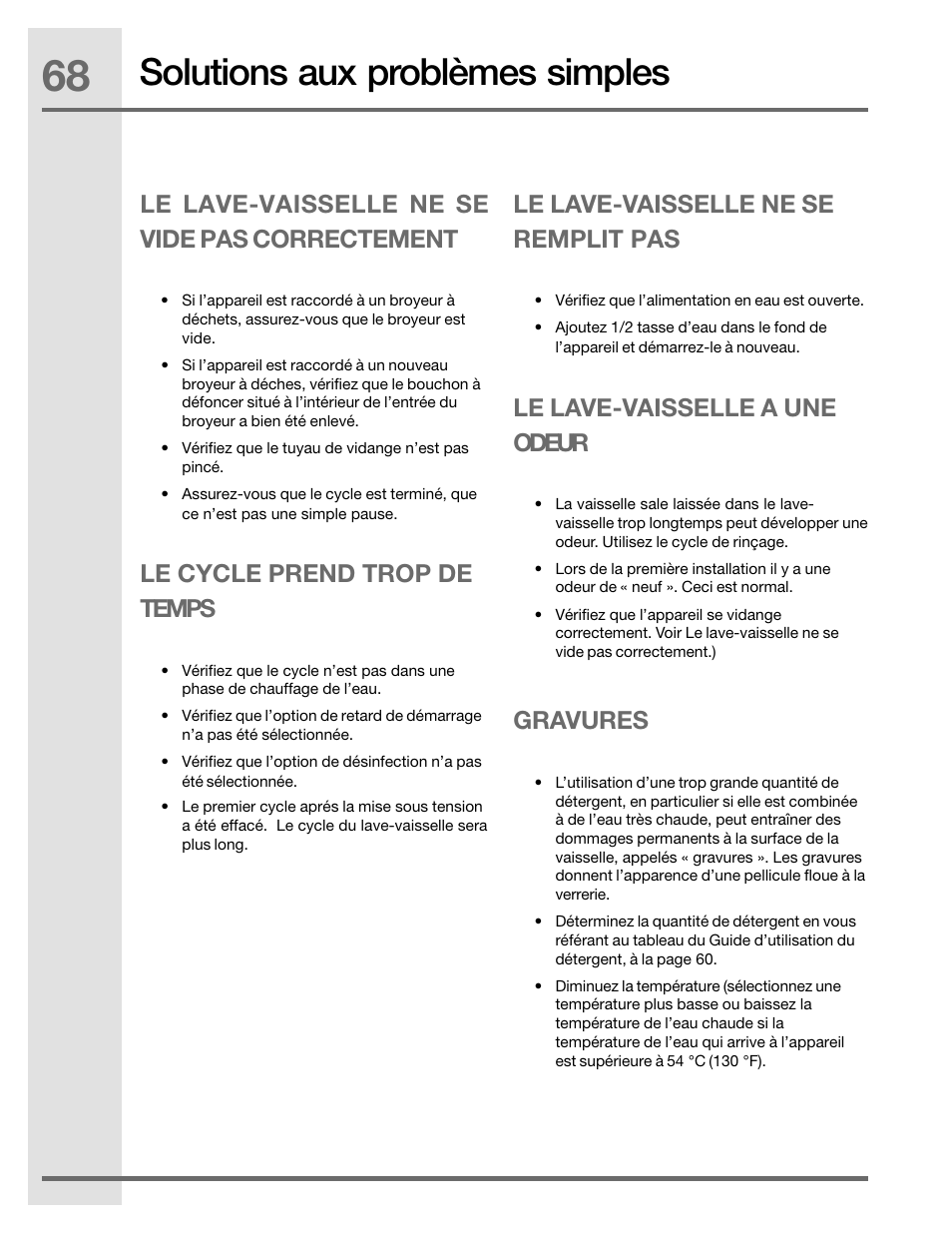Solutions aux problèmes simples, Le lave-vaisselle ne se vide pas correctement, Le cycle prend trop de temps | Le lave-vaisselle ne se remplit pas, Le lave-vaisselle a une odeur, Gravures | Electrolux EIDW5905JS User Manual | Page 68 / 72