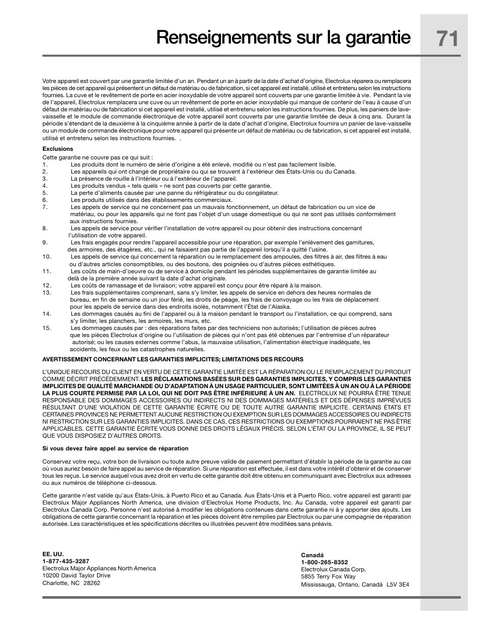 Renseignements sur la garantie | Electrolux EIDW5905JS User Manual | Page 71 / 72