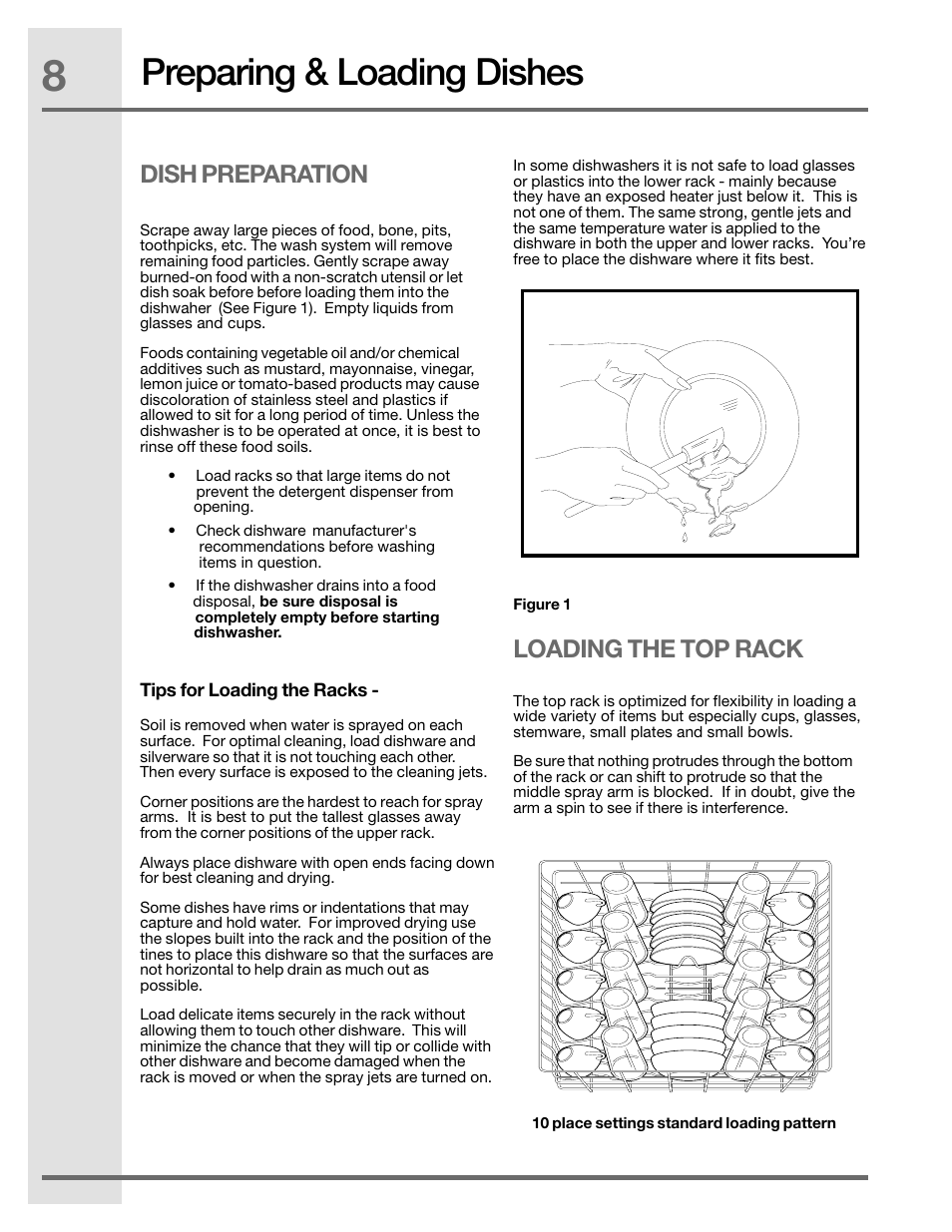 Preparing & loading dishes, Loading the top rack dish preparation | Electrolux EIDW5905JS User Manual | Page 8 / 72