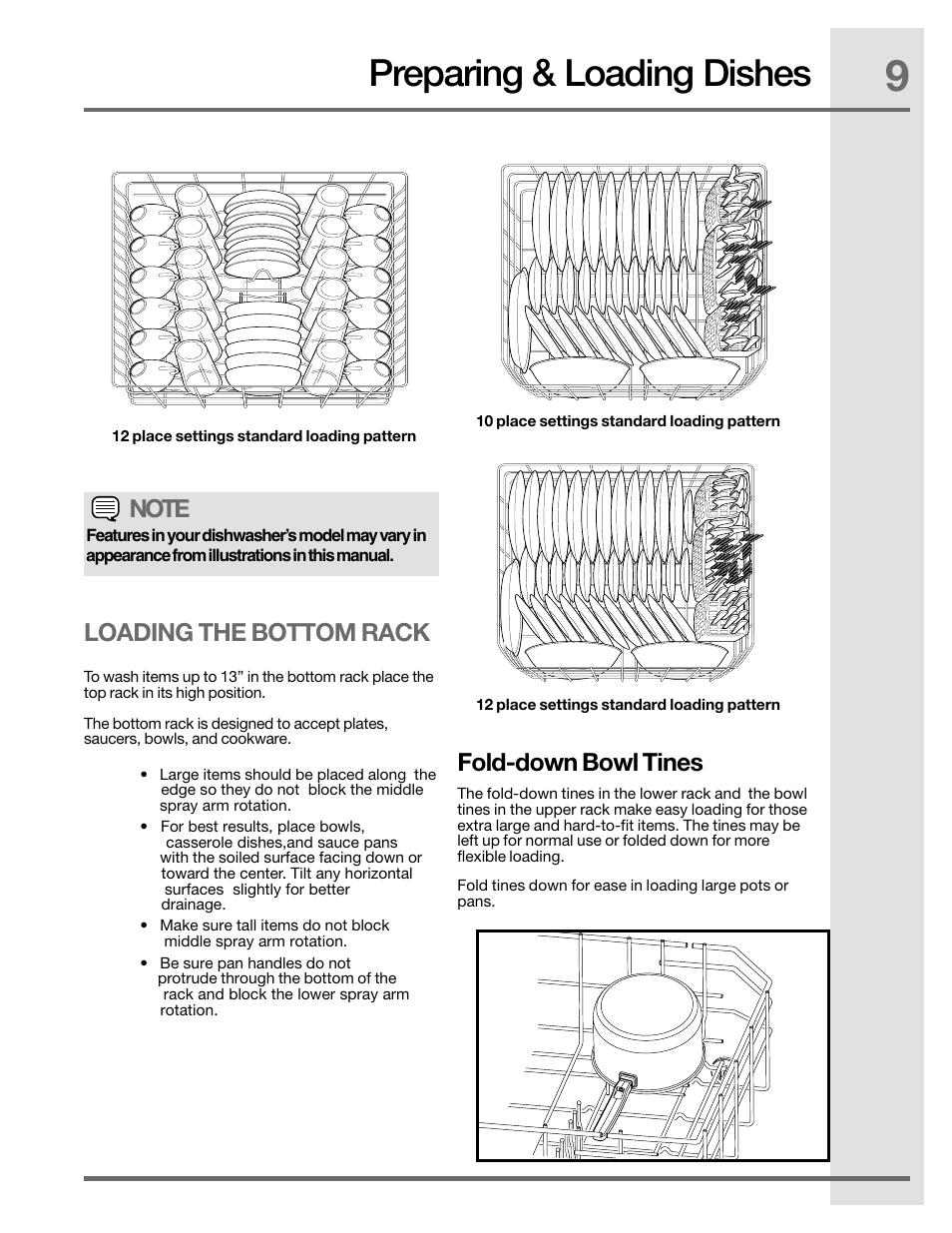 Preparing & loading dishes, Loading the bottom rack, Fold-down bowl tines | Electrolux EIDW5905JS User Manual | Page 9 / 72