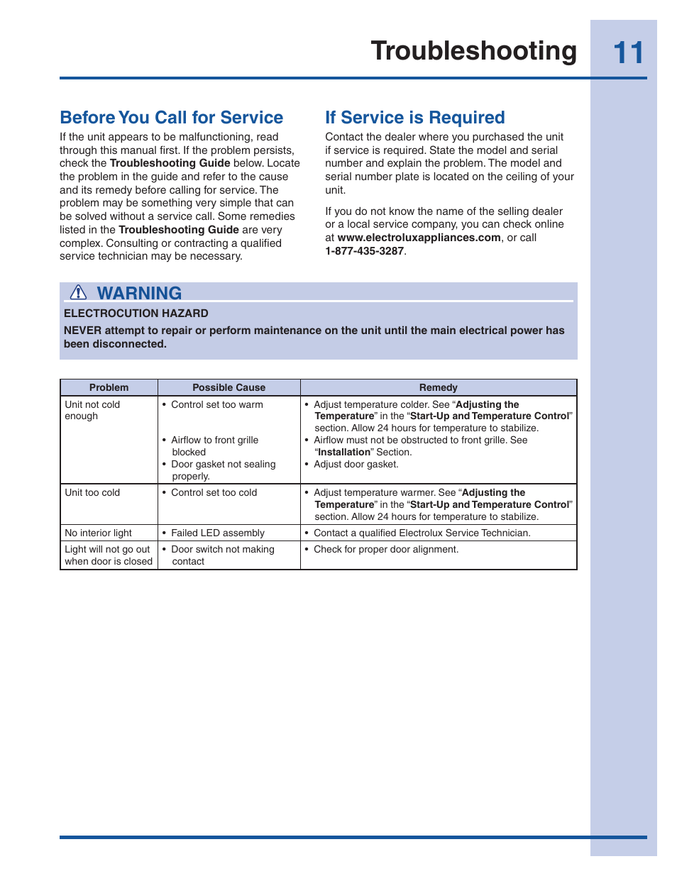 Troubleshooting, Before you call for service, If service is required | Warning | Electrolux EI24RD65KS User Manual | Page 11 / 13