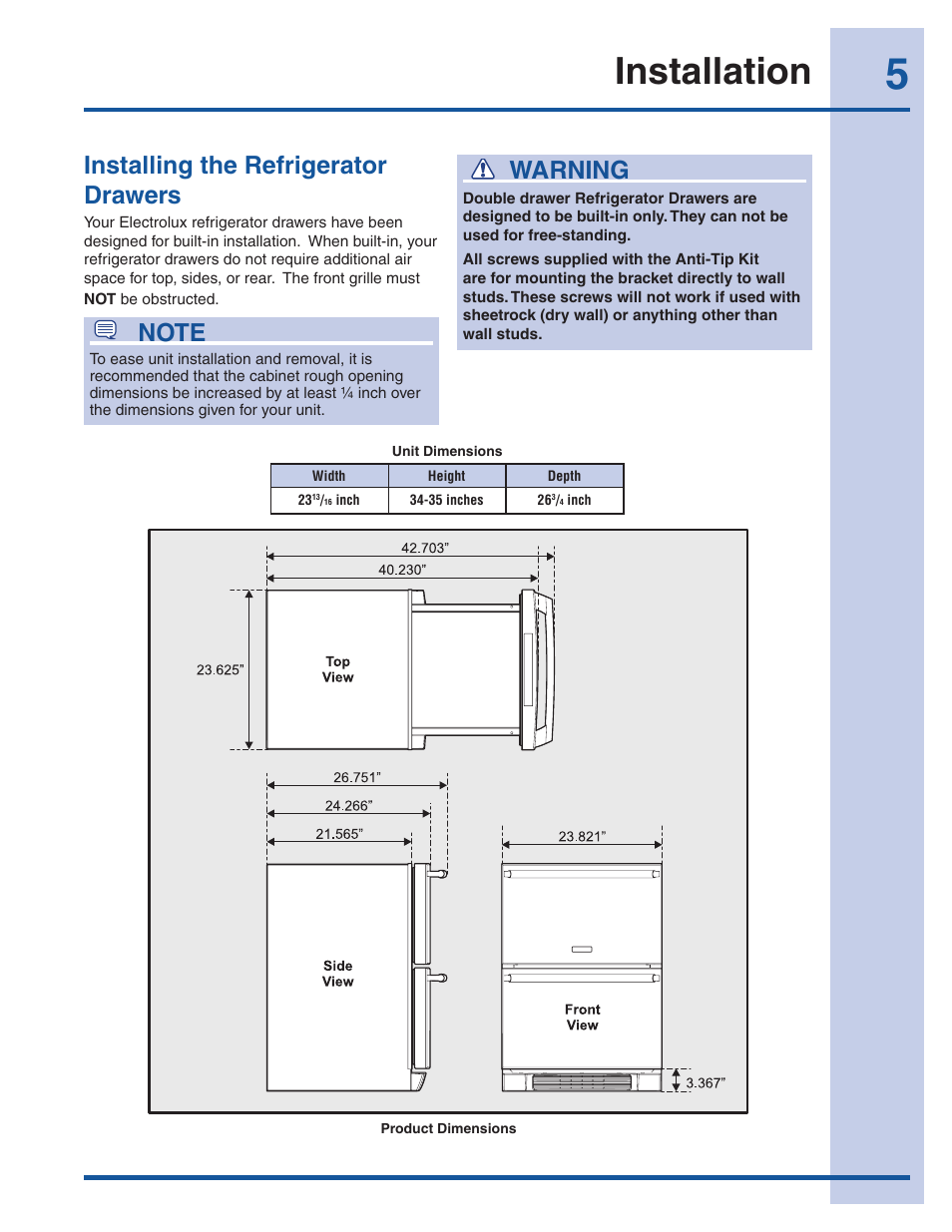 Installation, Installing the refrigerator drawers, Warning | Electrolux EI24RD65KS User Manual | Page 5 / 13