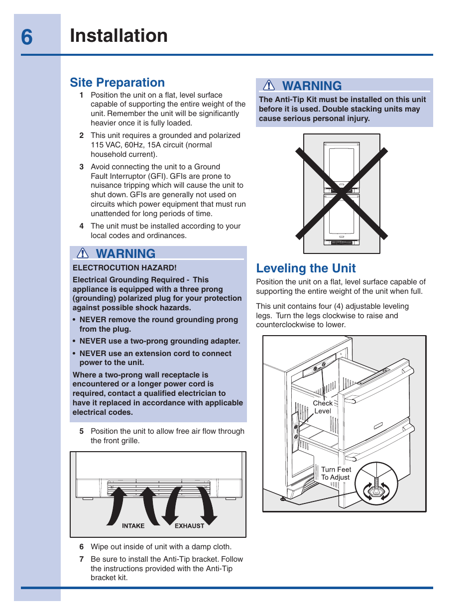 Installation, Leveling the unit, Warning | Site preparation | Electrolux EI24RD65KS User Manual | Page 6 / 13