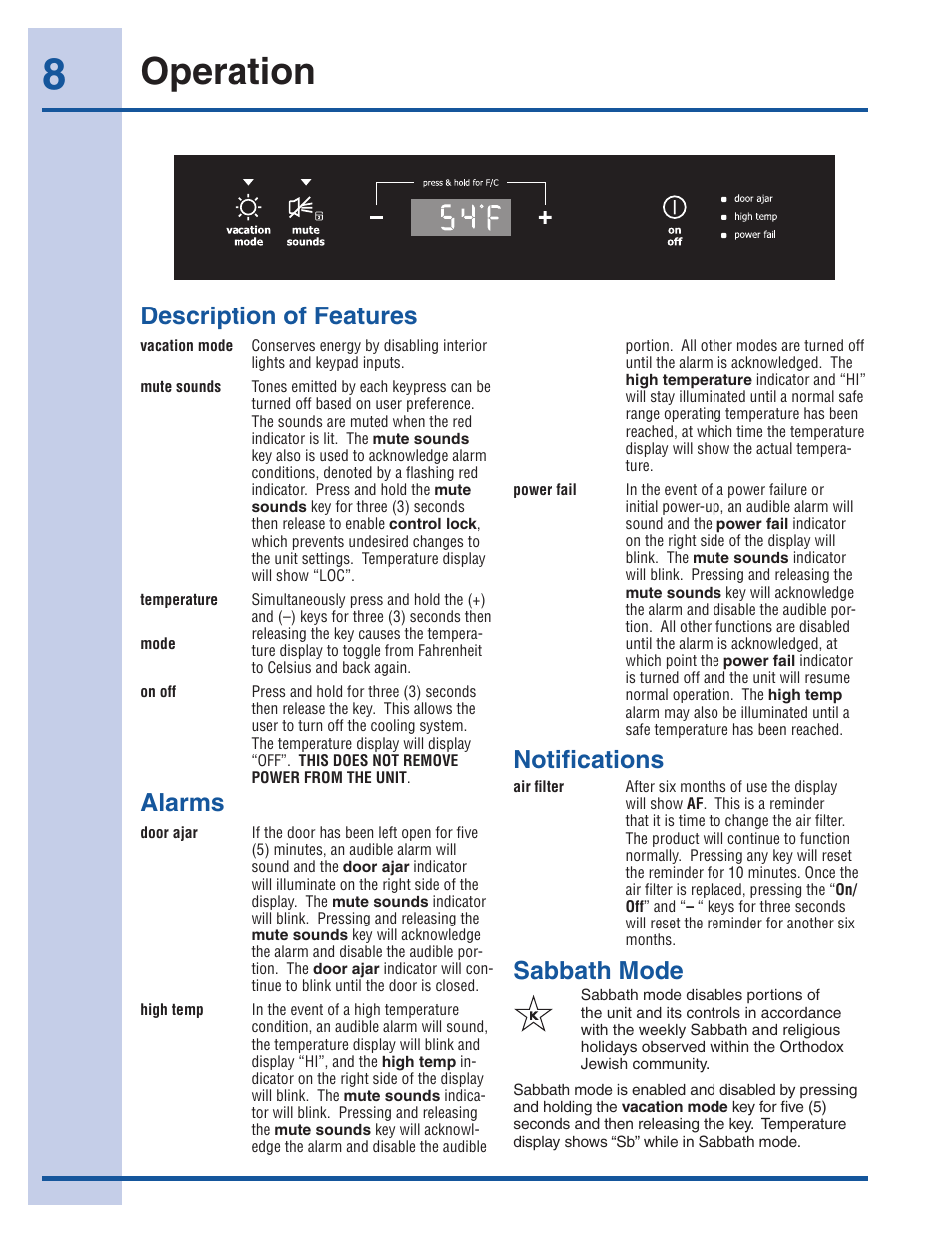 Operation, Sabbath mode, Alarms | Description of features, Notifications | Electrolux EI24RD65KS User Manual | Page 8 / 13