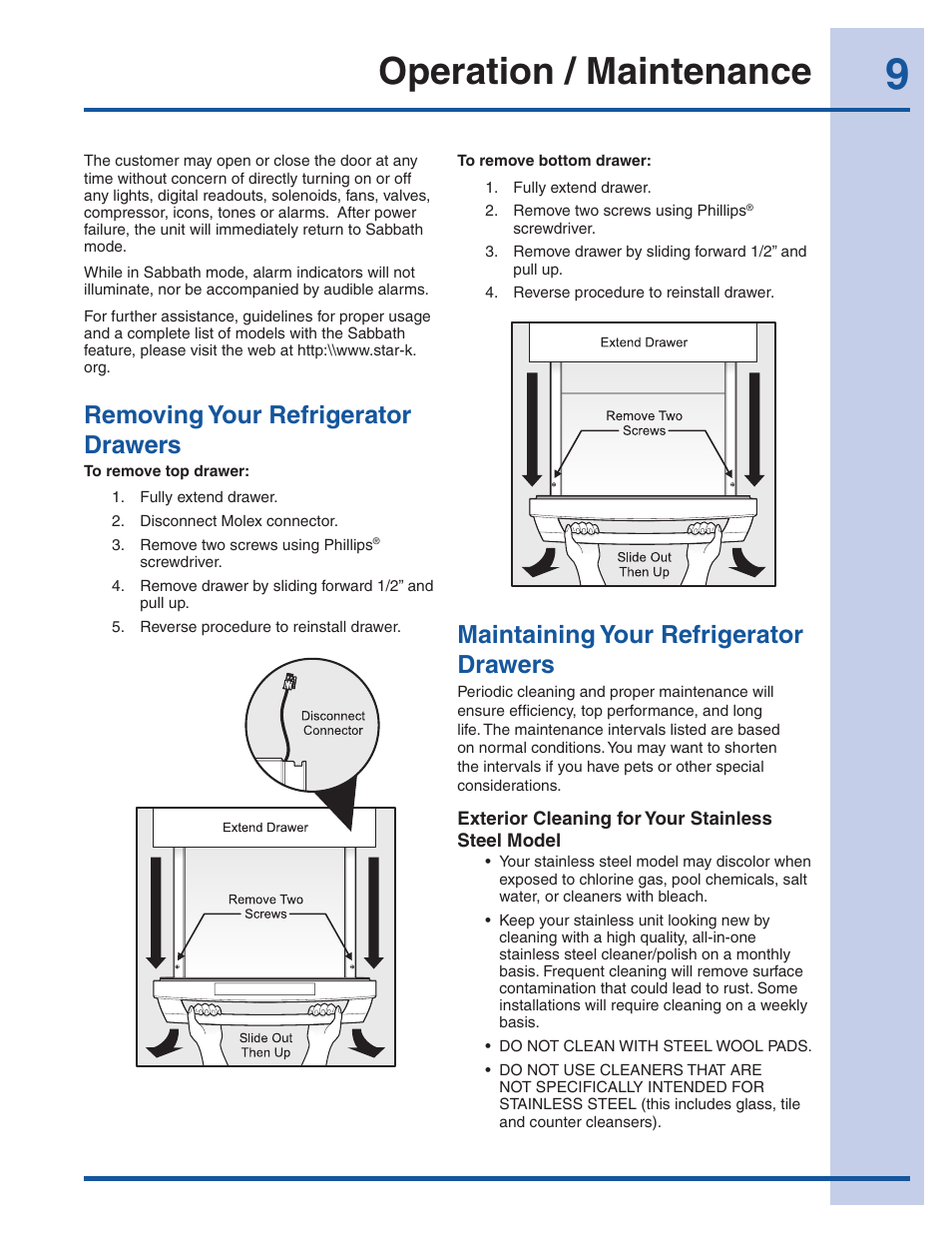 Operation / maintenance, Removing your refrigerator drawers, Maintaining your refrigerator drawers | Electrolux EI24RD65KS User Manual | Page 9 / 13