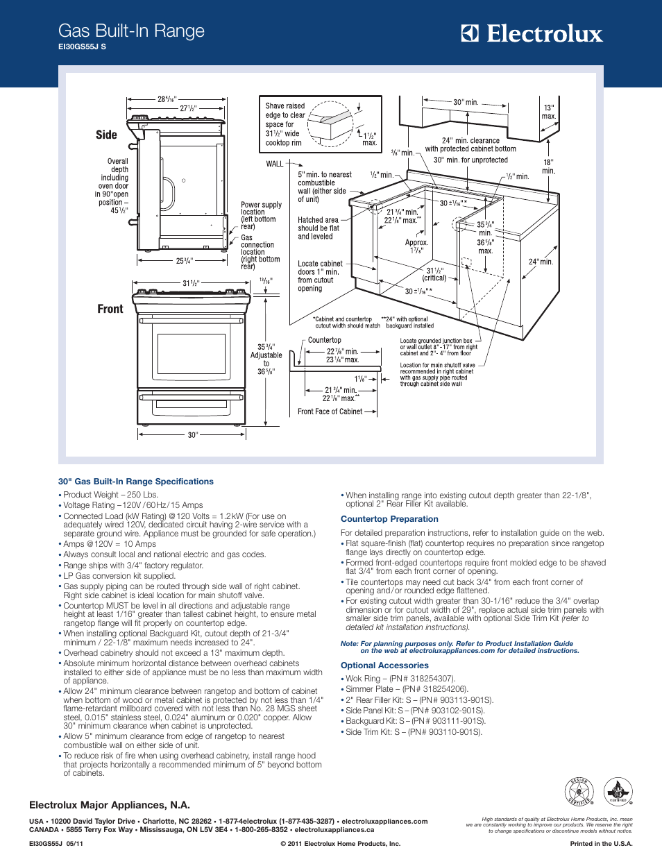 Gas built-in range, Electrolux major appliances, n.a | Electrolux EI30GS55JS User Manual | Page 2 / 2