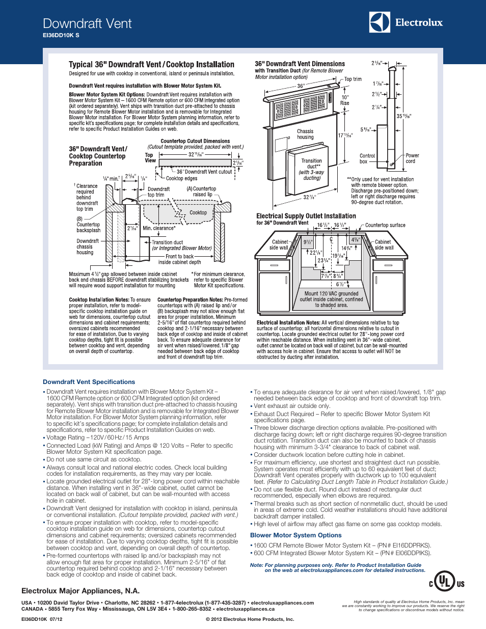 Downdraft vent ei36dd10ks, Downdraft vent | Electrolux EI36DD10KS User Manual | Page 2 / 4