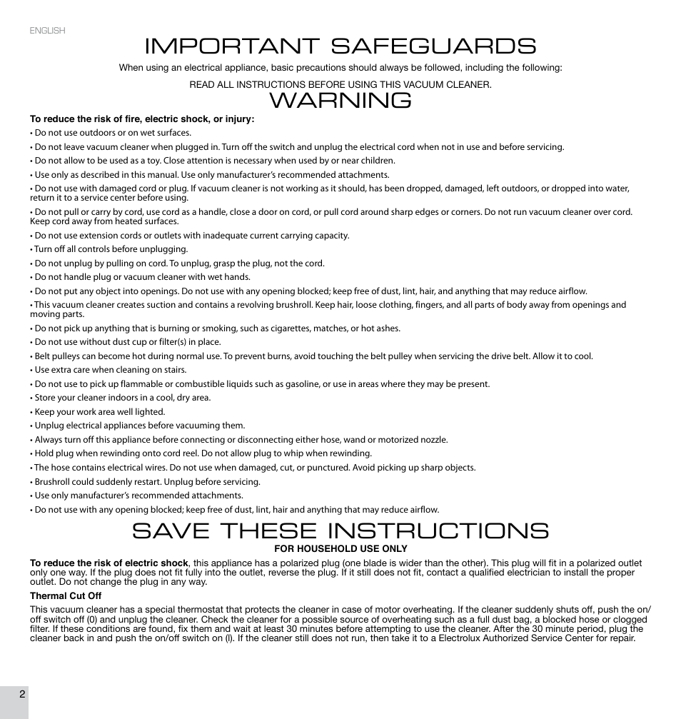 Important safeguards, Warning, Save these instructions | Electrolux EL4300B User Manual | Page 2 / 16