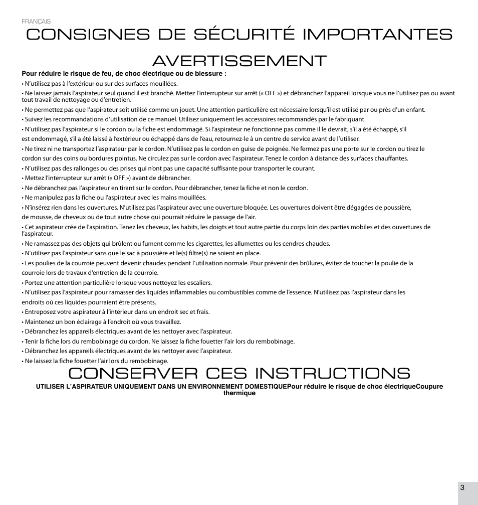 Consignes de sécurité importantes avertissement, Conserver ces instructions | Electrolux EL4300B User Manual | Page 3 / 16