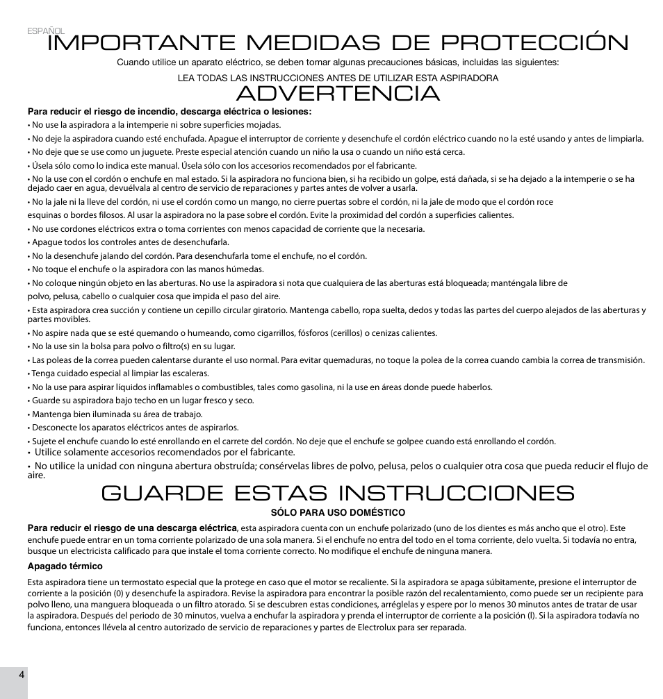 Importante medidas de protección, Advertencia, Guarde estas instrucciones | Electrolux EL4300B User Manual | Page 4 / 16