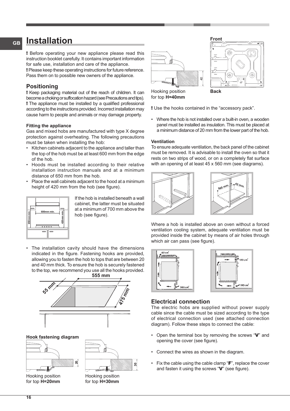 Installation, Positioning, Electrical connection | Hotpoint Ariston PC 604 (WH)-HA User Manual | Page 16 / 44