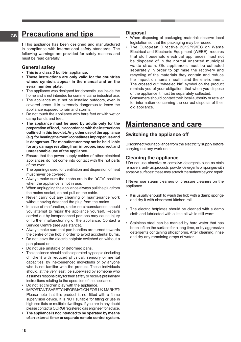 Precautions and tips, Maintenance and care, General safety | Disposal, Switching the appliance off, Cleaning the appliance | Hotpoint Ariston PC 604 (WH)-HA User Manual | Page 18 / 44