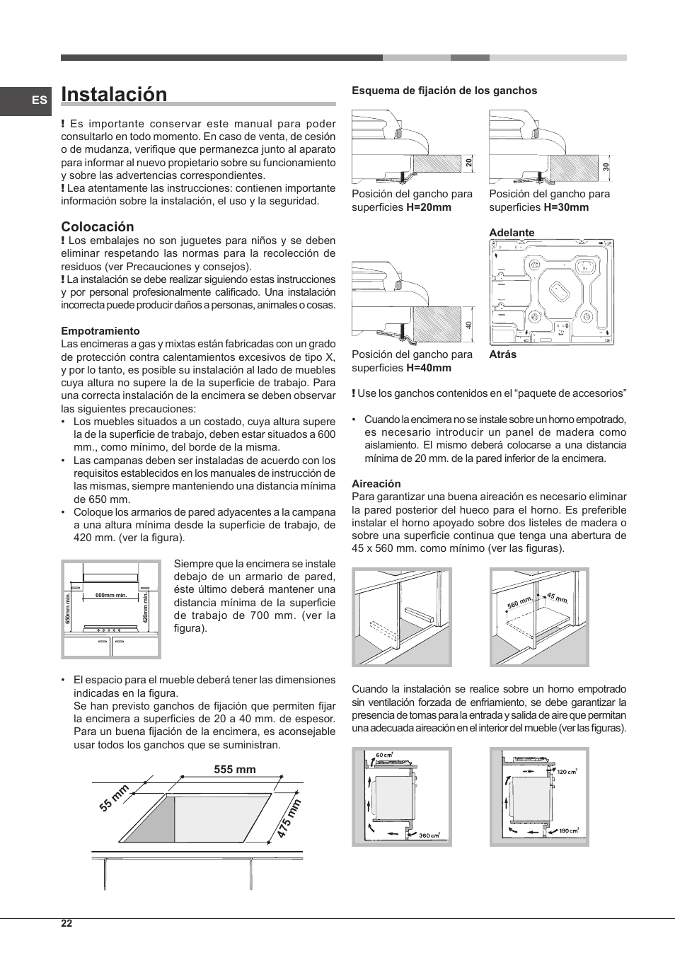 Instalación, Colocación | Hotpoint Ariston PC 604 (WH)-HA User Manual | Page 22 / 44