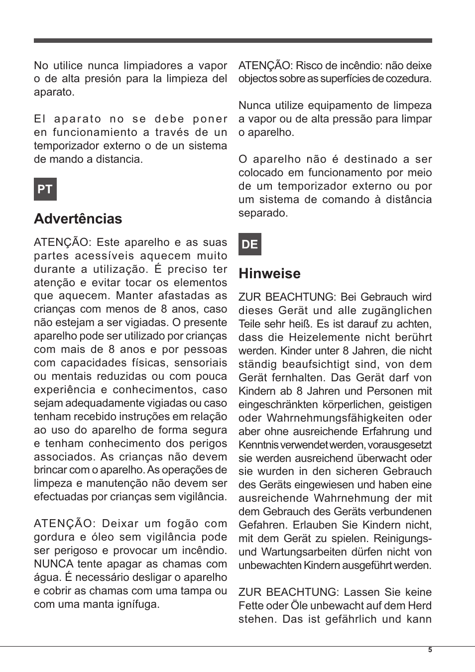 Advertências, Hinweise | Hotpoint Ariston PC 604 (WH)-HA User Manual | Page 5 / 44