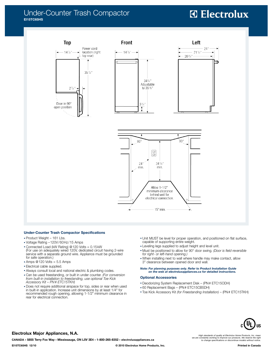 Under-counter trash compactor, Electrolux major appliances, n.a | Electrolux EI15TC65HS User Manual | Page 2 / 2