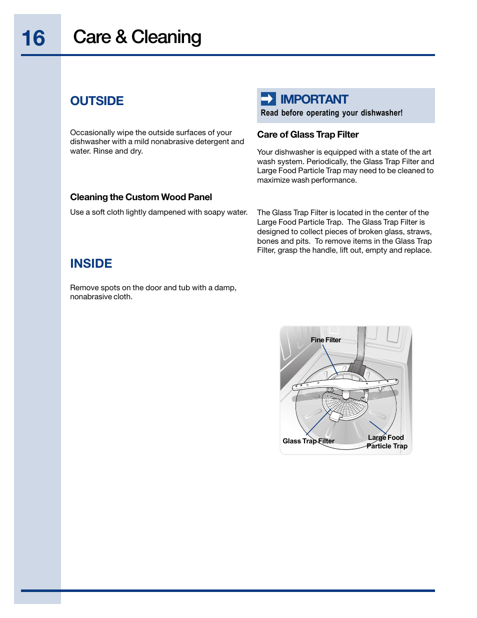 Care & cleaning, Outside, Important | Inside | Electrolux EIDW6405HT User Manual | Page 16 / 72