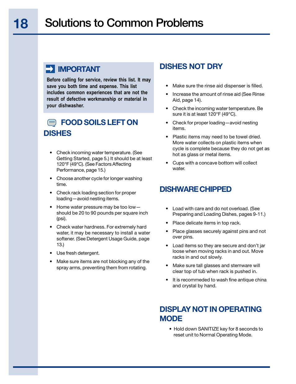 Solutions to common problems, Important, Food soils left on dishes | Dishes not dry, Dishware chipped, Display not in operating mode | Electrolux EIDW6405HT User Manual | Page 18 / 72