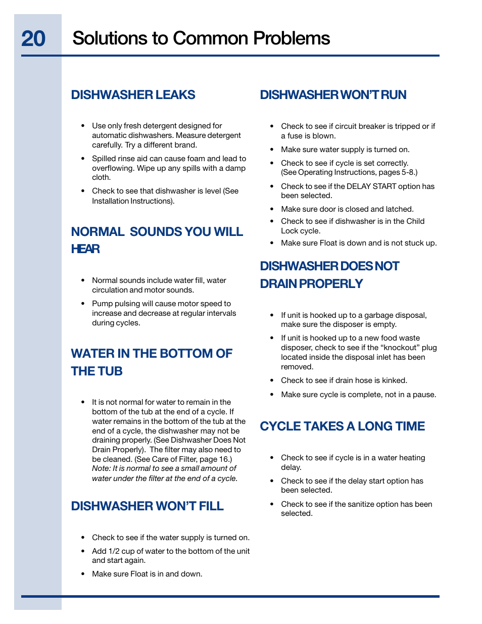 Solutions to common problems, Dishwasher leaks, Normal sounds you will hear | Water in the bottom of the tub, Dishwasher won’t run, Dishwasher does not drain properly, Cycle takes a long time, Dishwasher won’t fill | Electrolux EIDW6405HT User Manual | Page 20 / 72