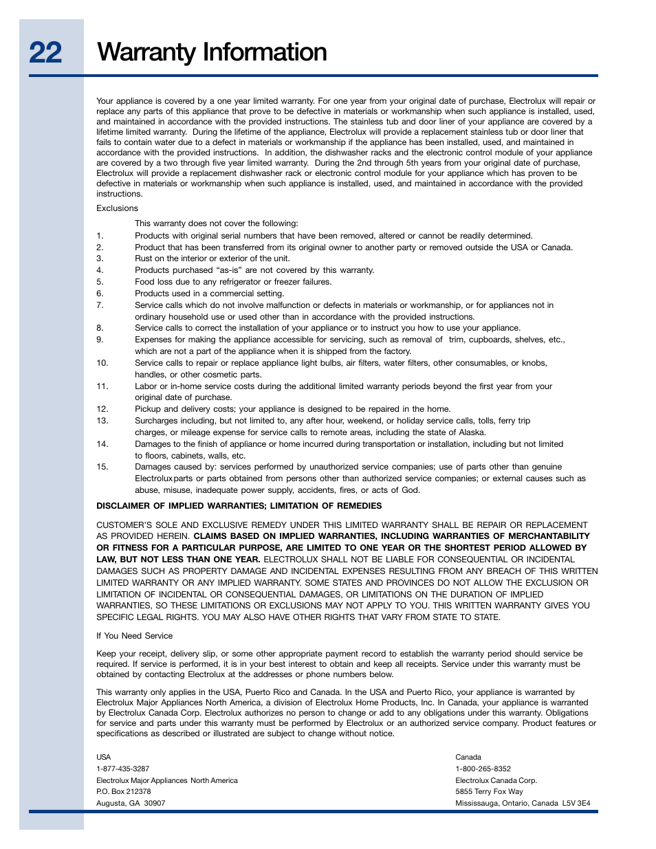 Warranty information | Electrolux EIDW6405HT User Manual | Page 22 / 72