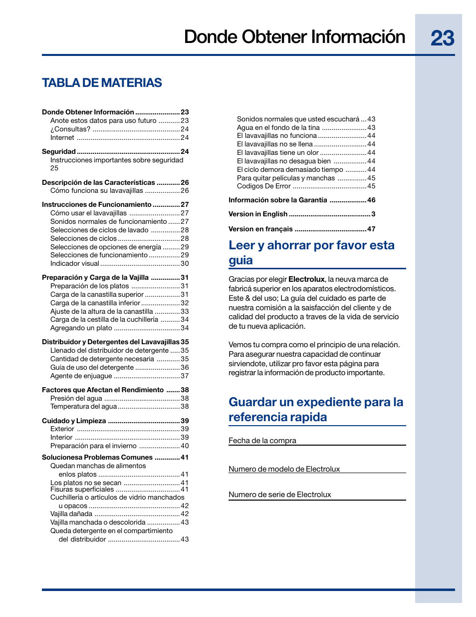 Donde obtener información, Tabla de materias | Electrolux EIDW6405HT User Manual | Page 23 / 72