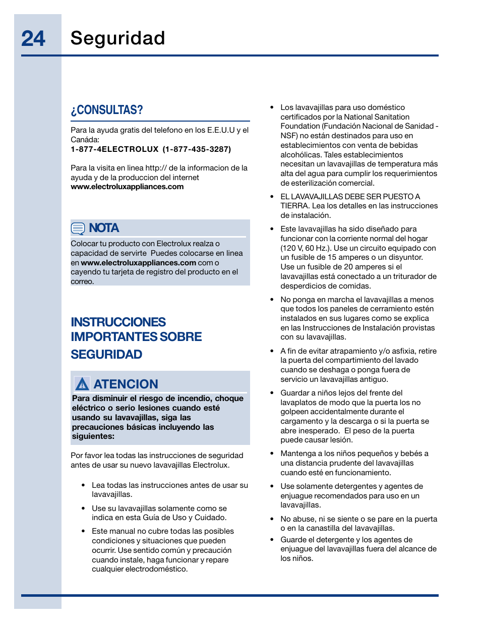 Seguridad, Nota, Consultas | Instrucciones importantes sobre seguridad, Atencion | Electrolux EIDW6405HT User Manual | Page 24 / 72