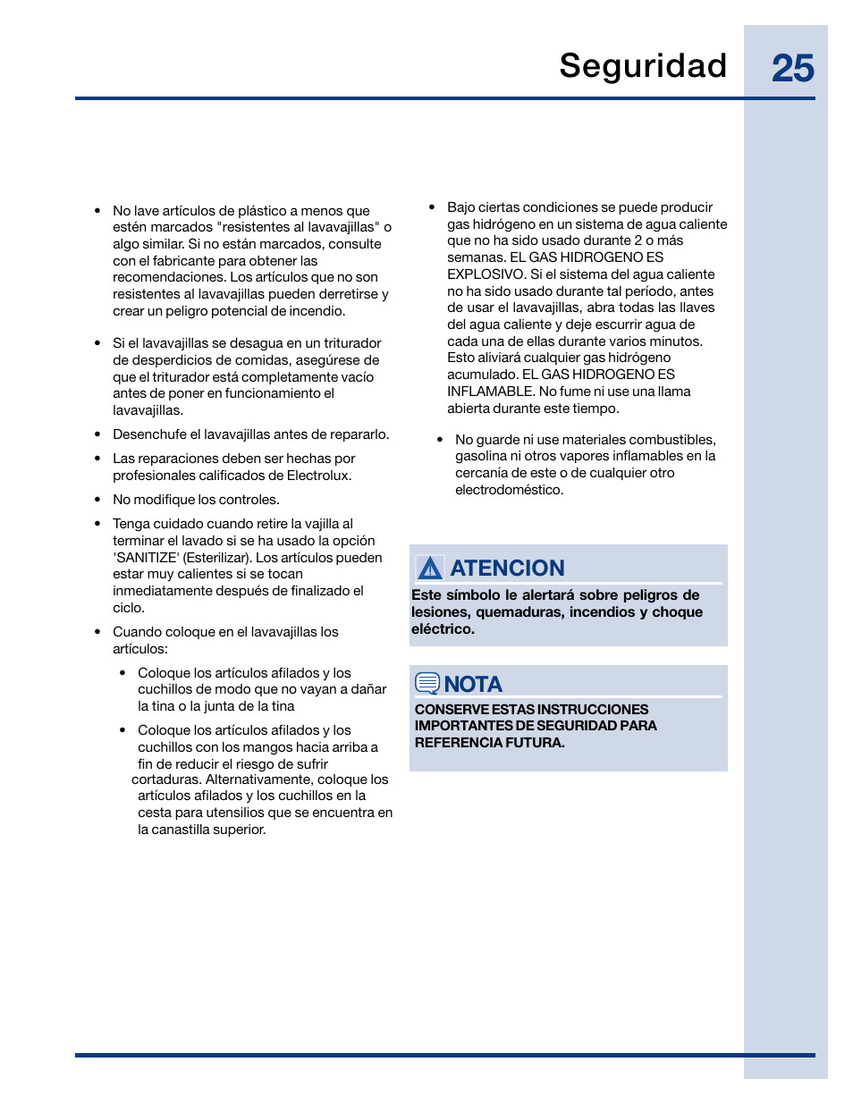 Seguridad, Nota, Atencion | Electrolux EIDW6405HT User Manual | Page 25 / 72