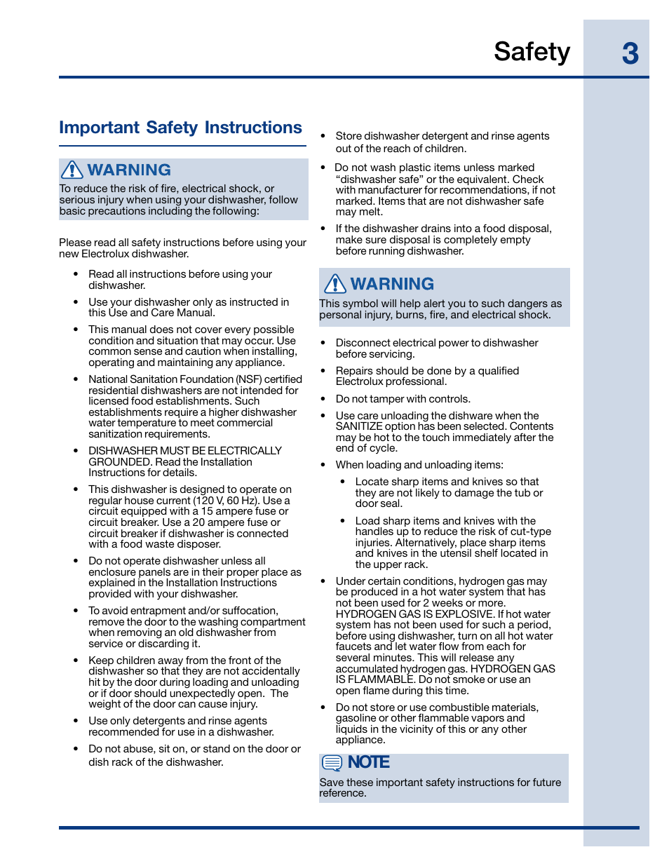 Safety, Important safety instructions | Electrolux EIDW6405HT User Manual | Page 3 / 72