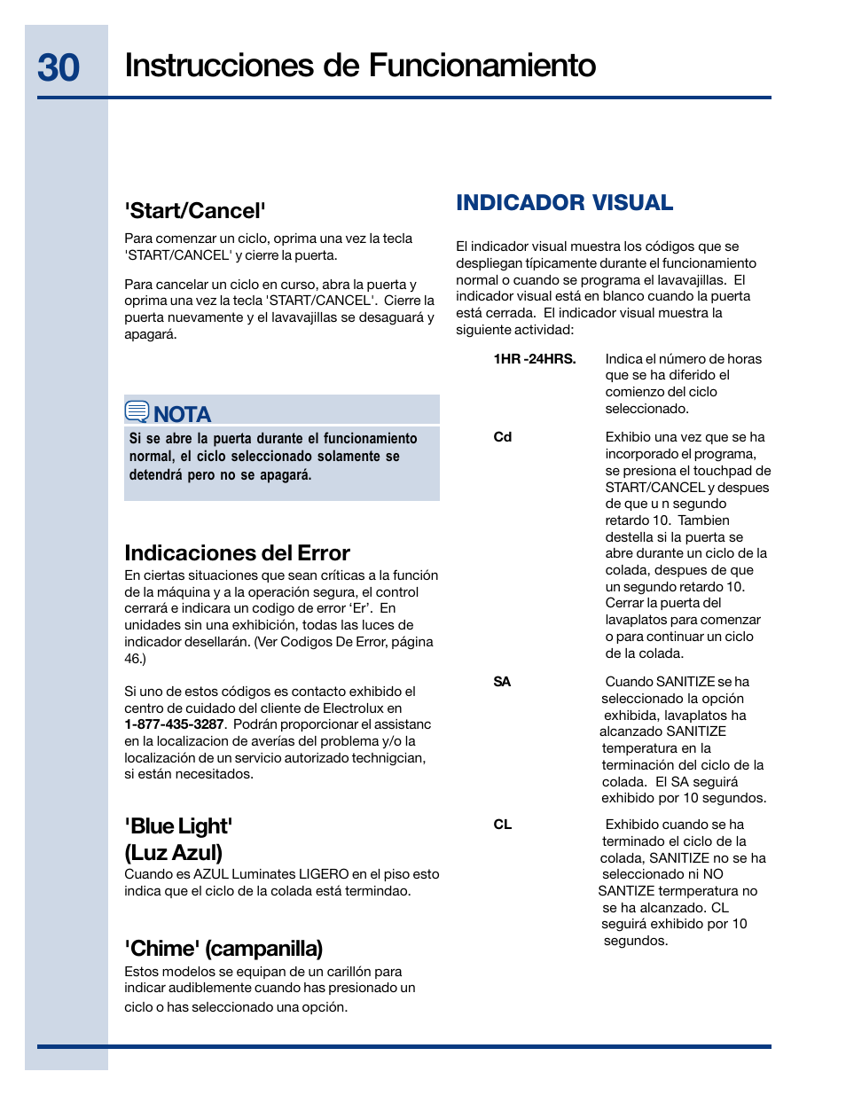 Instrucciones de funcionamiento, Chime' (campanilla), Nota | Start/cancel, Indicaciones del error, Blue light' (luz azul), Indicador visual | Electrolux EIDW6405HT User Manual | Page 30 / 72