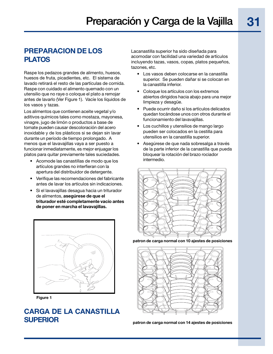 Preparación y carga de la vajilla, Preparacion de los platos, Carga de la canastilla superior | Electrolux EIDW6405HT User Manual | Page 31 / 72