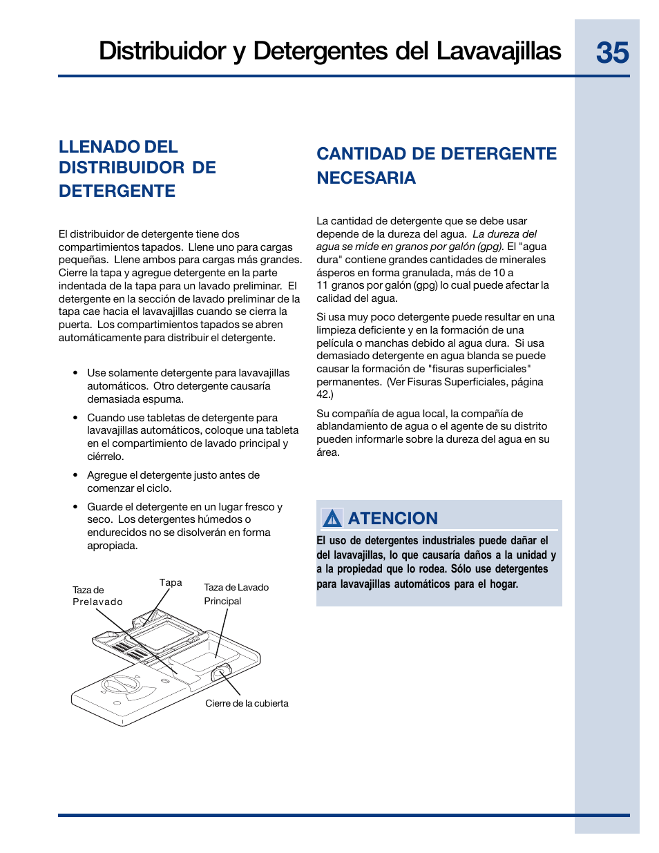 Distribuidor y detergentes del lavavajillas, Llenado del distribuidor de detergente, Cantidad de detergente necesaria | Atencion | Electrolux EIDW6405HT User Manual | Page 35 / 72