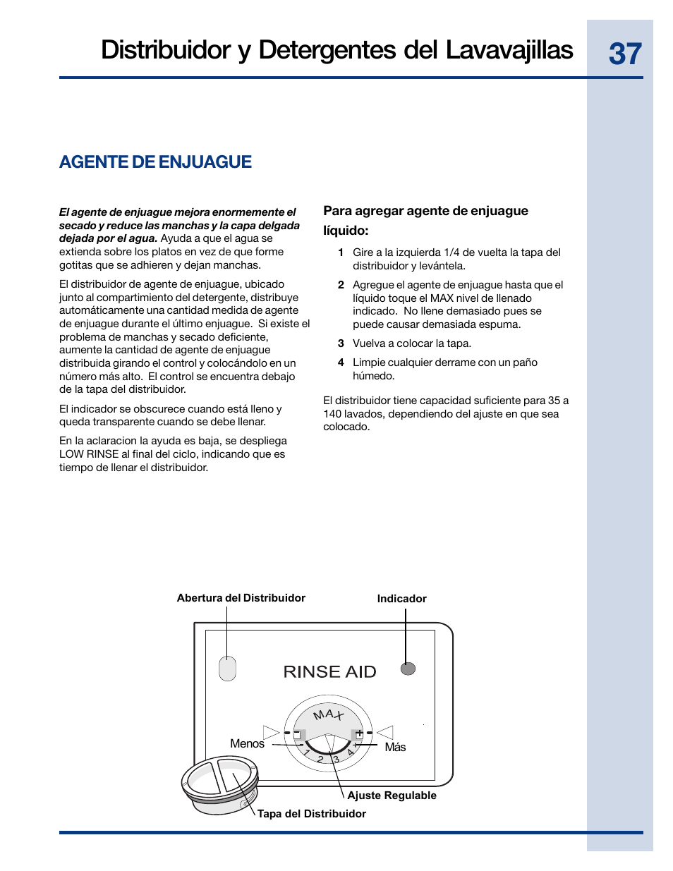 Distribuidor y detergentes del lavavajillas, Agente de enjuague | Electrolux EIDW6405HT User Manual | Page 37 / 72