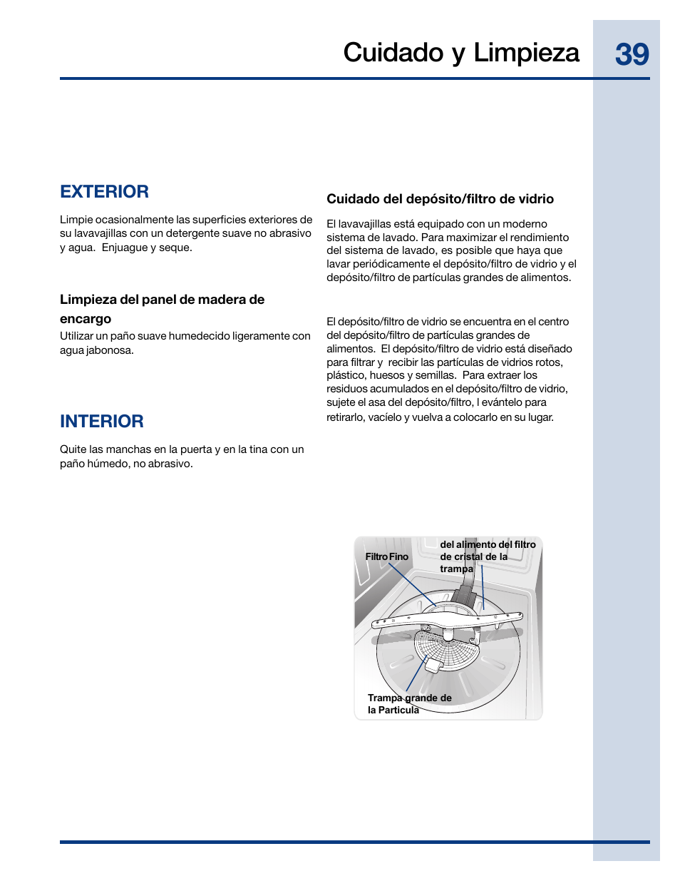 Cuidado y limpieza, Exterior, Interior | Electrolux EIDW6405HT User Manual | Page 39 / 72