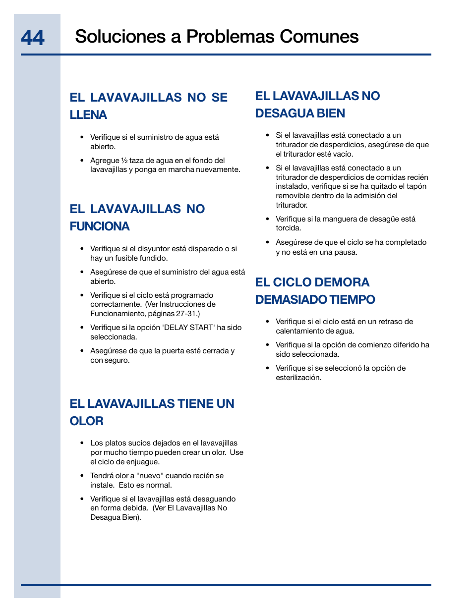 Soluciones a problemas comunes, El lavavajillas no funciona, El lavavajillas tiene un olor | El lavavajillas no se llena, El lavavajillas no desagua bien, El ciclo demora demasiado tiempo | Electrolux EIDW6405HT User Manual | Page 44 / 72