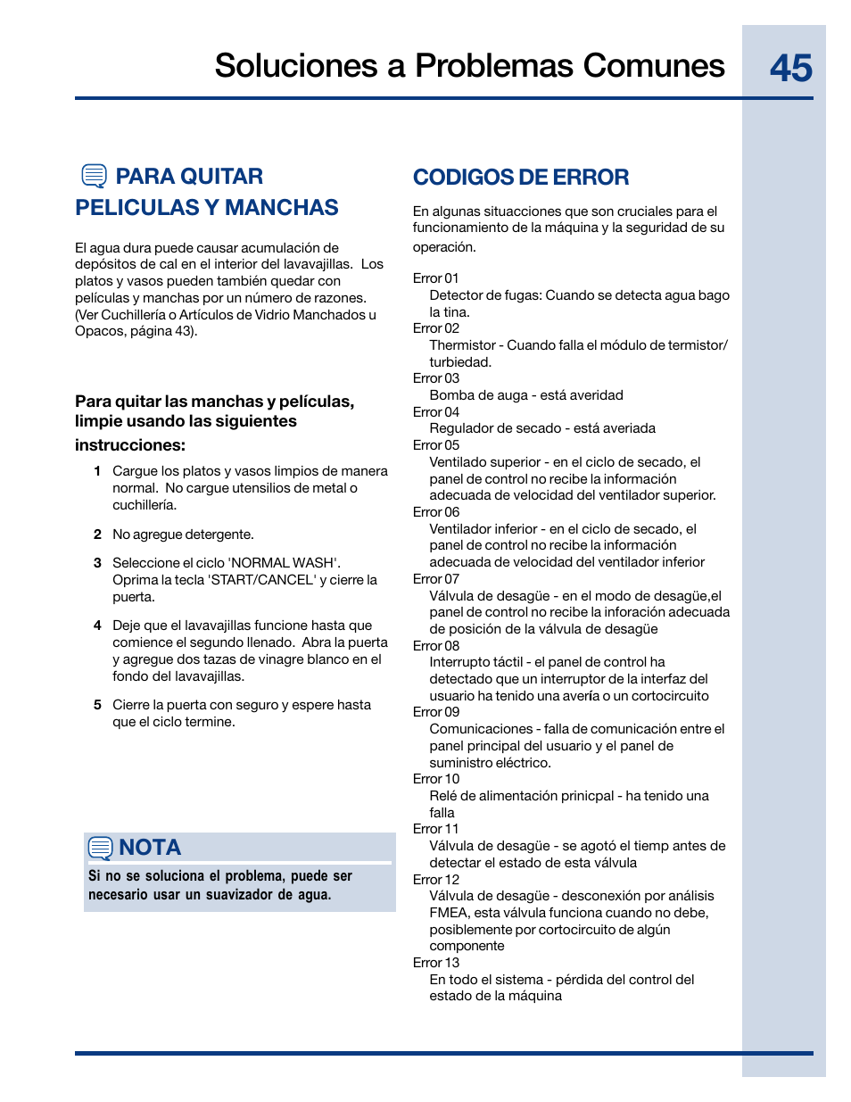 Soluciones a problemas comunes, Para quitar peliculas y manchas, Nota | Codigos de error | Electrolux EIDW6405HT User Manual | Page 45 / 72