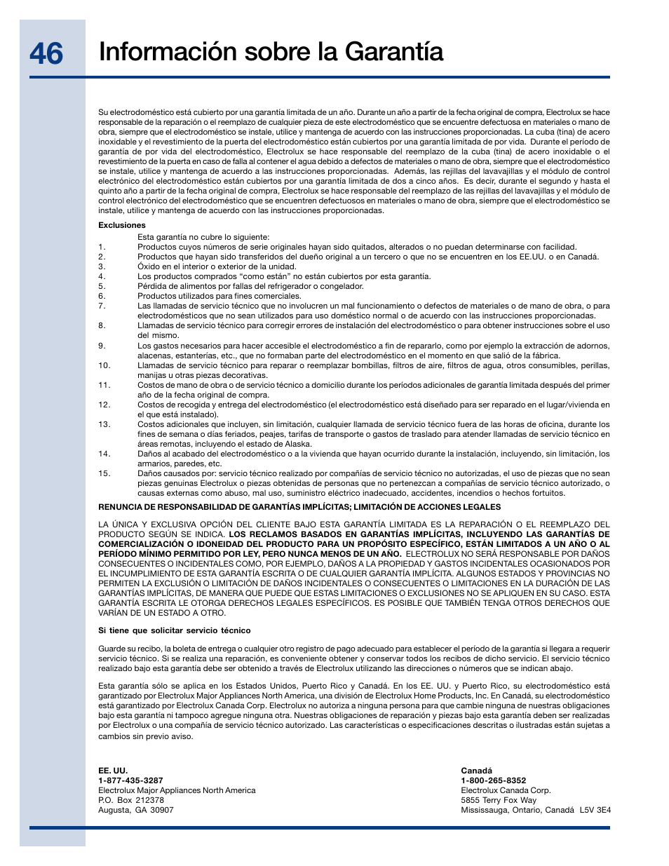 Información sobre la garantía | Electrolux EIDW6405HT User Manual | Page 46 / 72