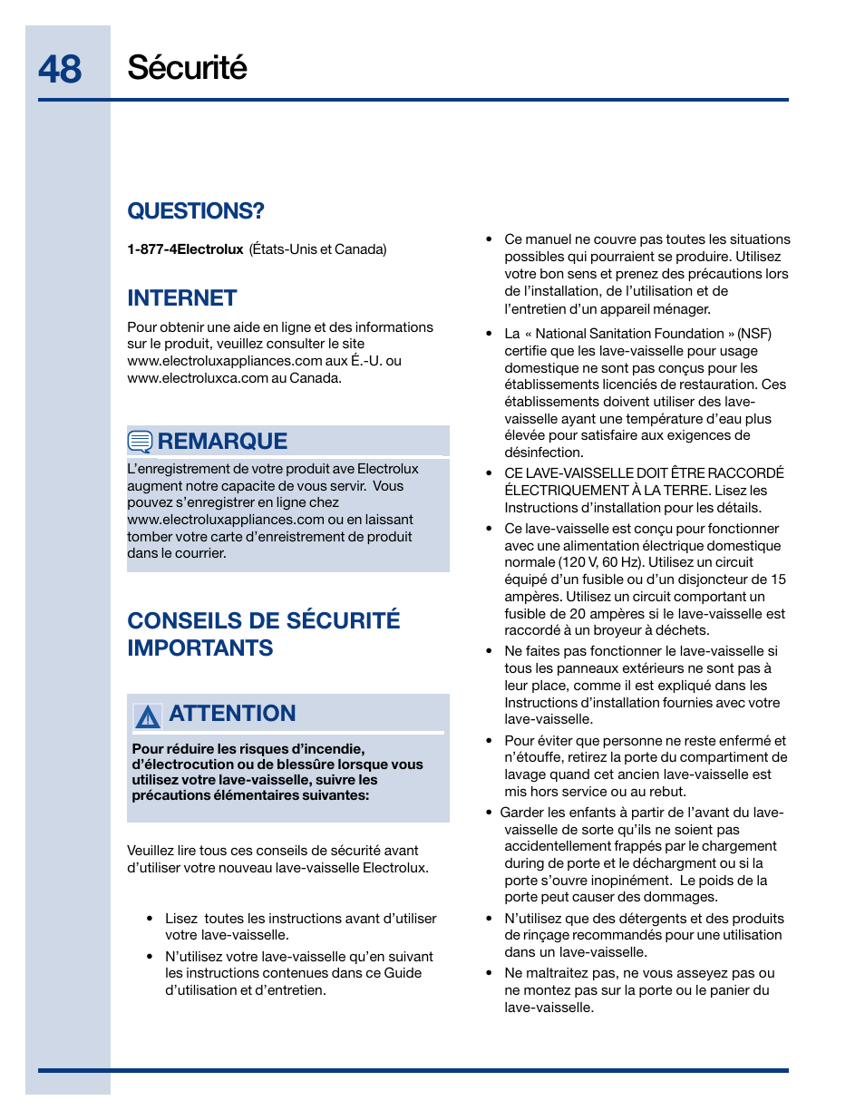 Sécurité, Questions, Internet | Attention conseils de sécurité importants, Remarque | Electrolux EIDW6405HT User Manual | Page 48 / 72