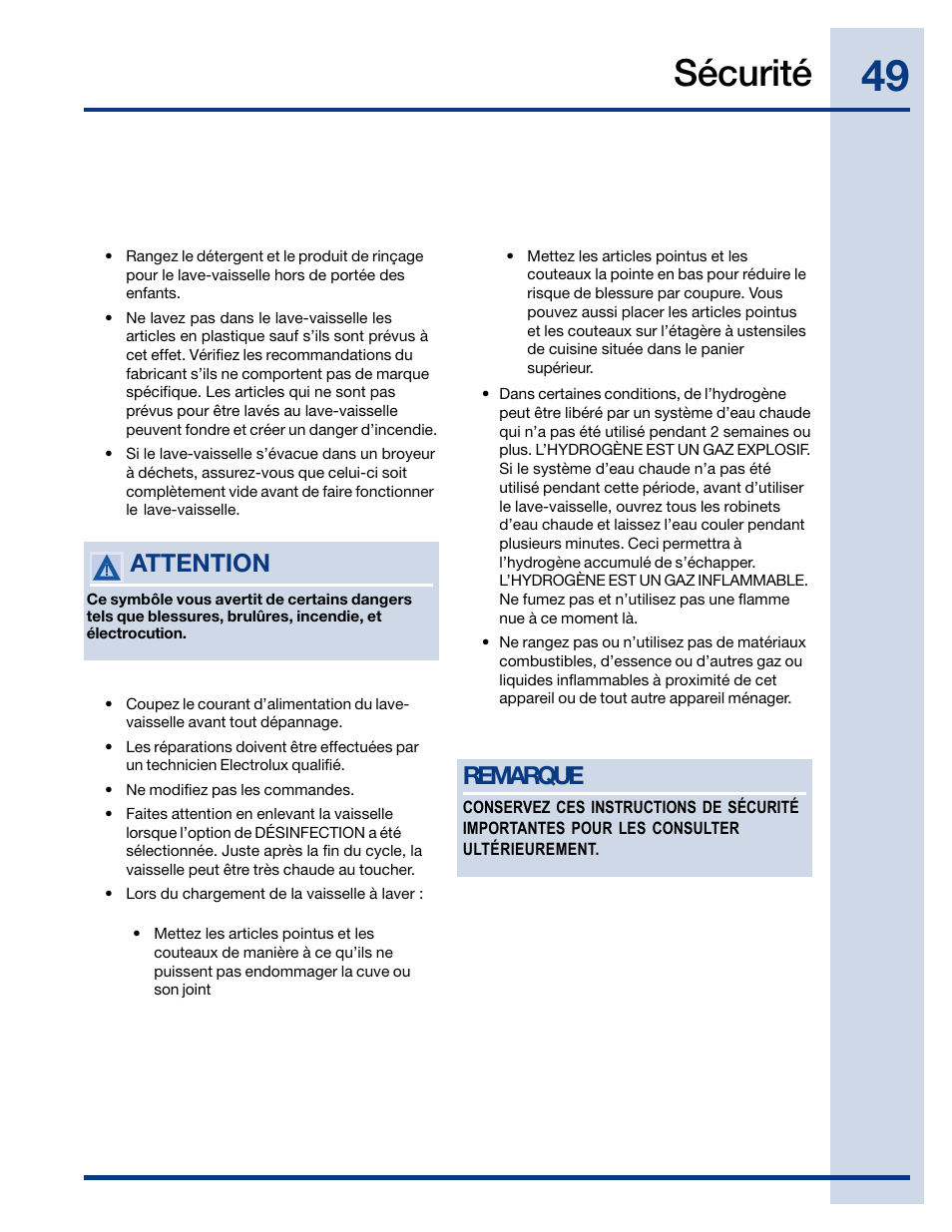 Sécurité, Remarque, Attention | Electrolux EIDW6405HT User Manual | Page 49 / 72