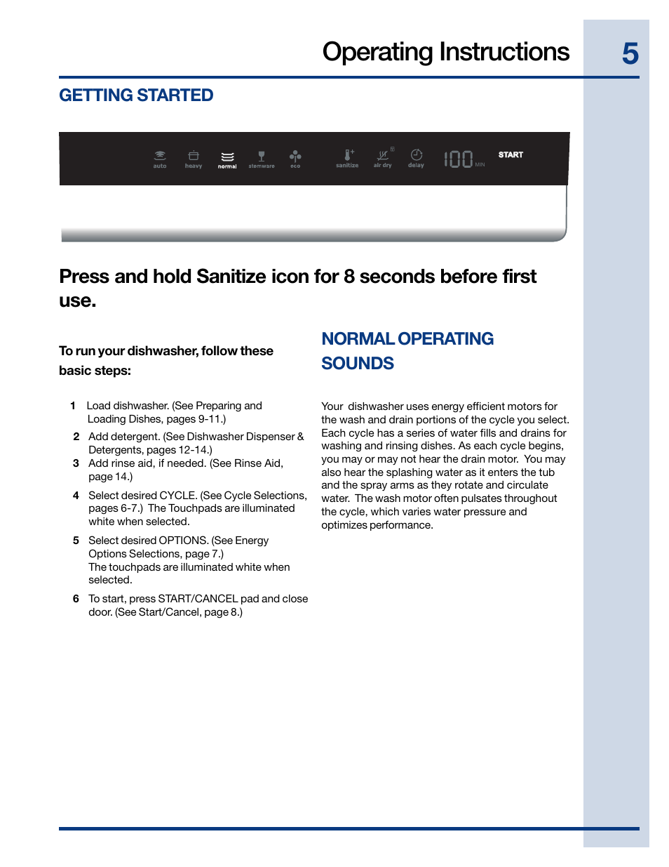 Operating instructions, Normal operating sounds, Getting started | Electrolux EIDW6405HT User Manual | Page 5 / 72