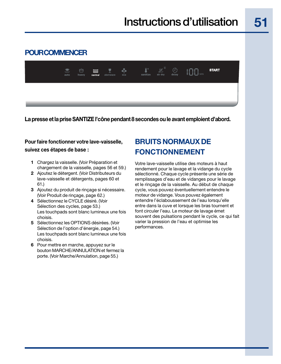 Instructions d’utilisation, Pour commencer, Bruits normaux de fonctionnement | Electrolux EIDW6405HT User Manual | Page 51 / 72