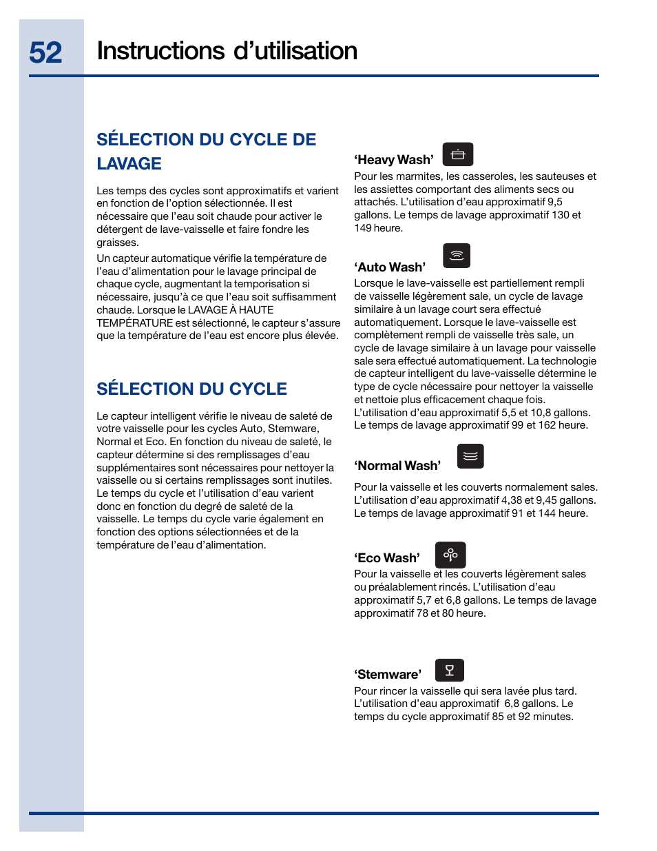 Instructions d’utilisation, Sélection du cycle, Sélection du cycle de lavage | Electrolux EIDW6405HT User Manual | Page 52 / 72